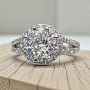 2 Carat Moissanite Sterling Silver Halo Ring Split Shank Design Sz 7 Tested NWT